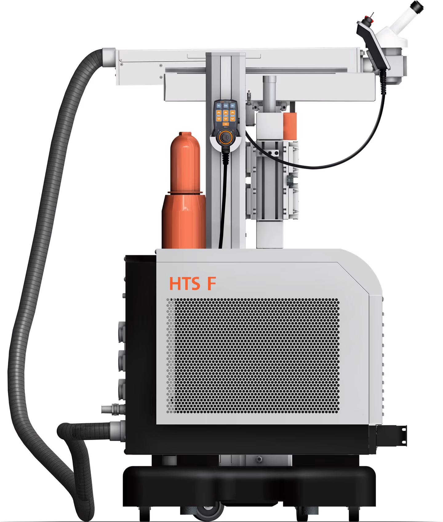 HTS-F industrial welding cell, workshop three-quarter view.